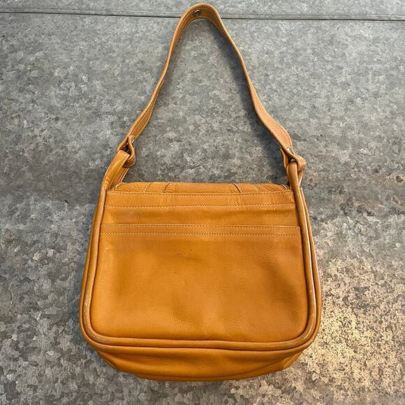 Vintage Tan Camel Leather Vinyl Turn Lock Shoulder Bag Purse Brown Gold Retro - Picture 7 of 14